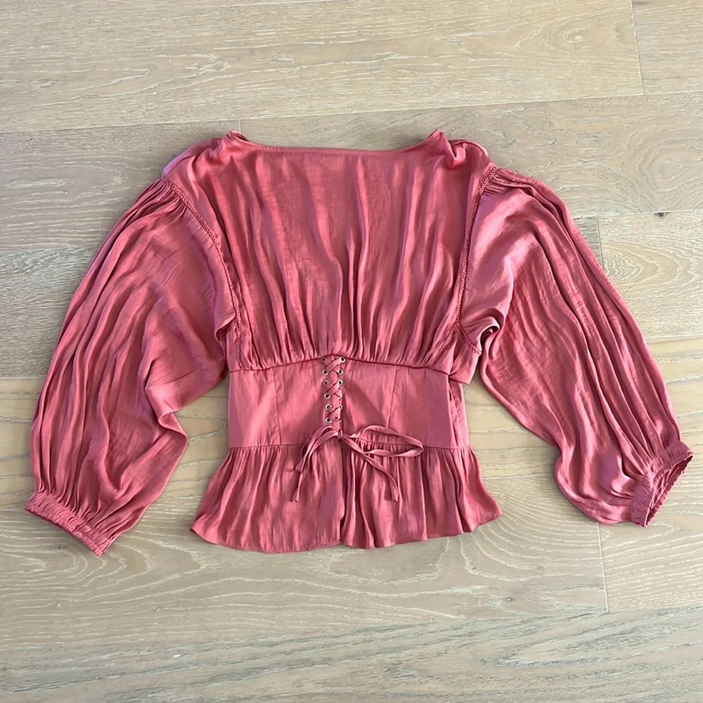 Free People Corset Blouse Top Smocked Balloon Sleeve Bohemian Texas Orange Small - Picture 4 of 11